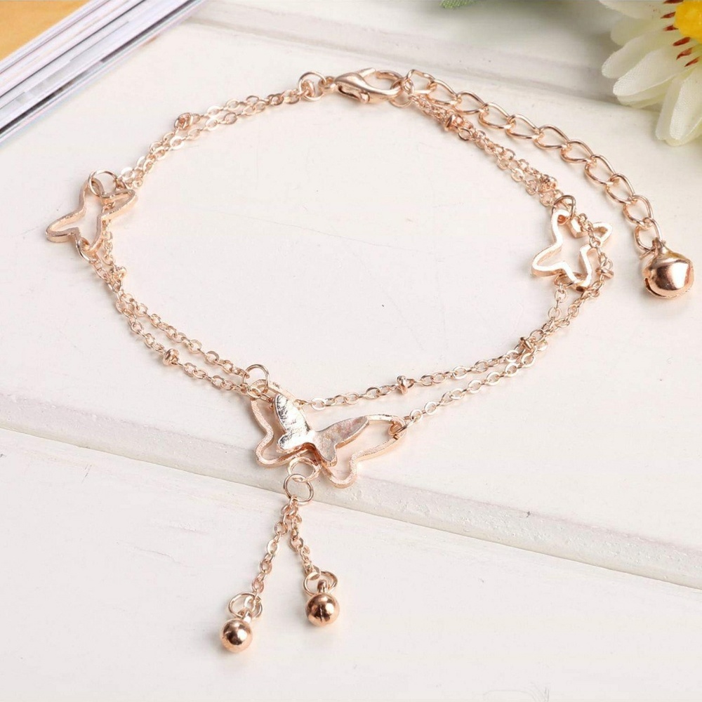 Rose Gold Butterfly Dangle Ankle Bracelet - 14k